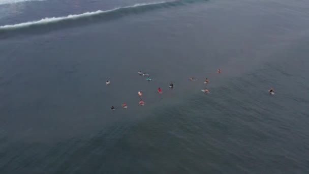 Vue aérienne des surfeurs qui attendent une vague dans l'océan par temps clair. Vue aérienne du surfeur sur une énorme vague de l'océan Indien. Surfeurs sur la plage vue de dessus 