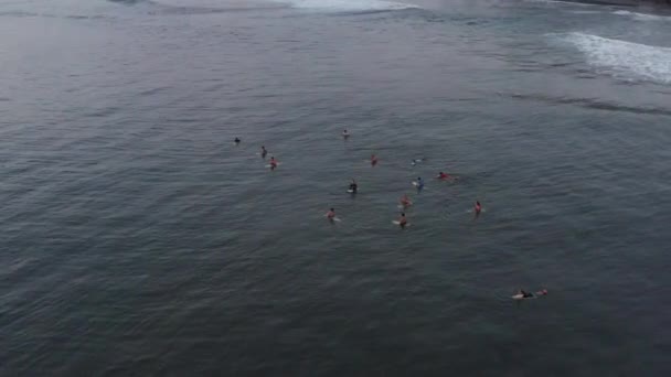 Εναέρια άποψη του surfers περιμένοντας ένα κύμα στον ωκεανό, σε μια σαφή ημέρα. Αεροφωτογραφία του σερφ στον τεράστιο κύμα στον Ινδικό Ωκεανό. Δείτε σέρφερ στην παραλία επάνω — Αρχείο Βίντεο