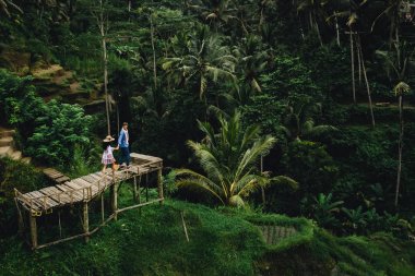Çift Bali Endonezya pirinç terasları yakınında ahşap köprü üzerinde duran. El ele tutuşuyor. Romantik bir ruh hali. Tropik tatil. Havadan ateş. Arka plan hindistan cevizi palmiye ağaçları üzerinde.