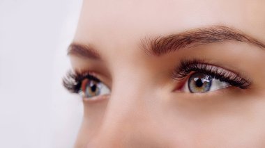 Kirpik uzatma yordamı. Kadın uzun mavi kirpik gözle. Ombre etkisi. Yakın, seçici odak.