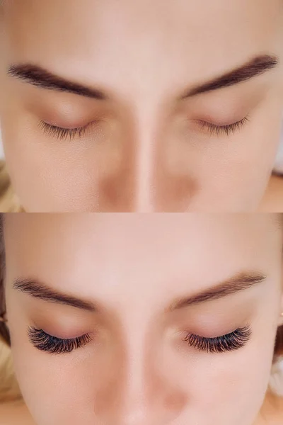 Extensión de pestañas. Comparación de los ojos femeninos antes y después. — Foto de Stock