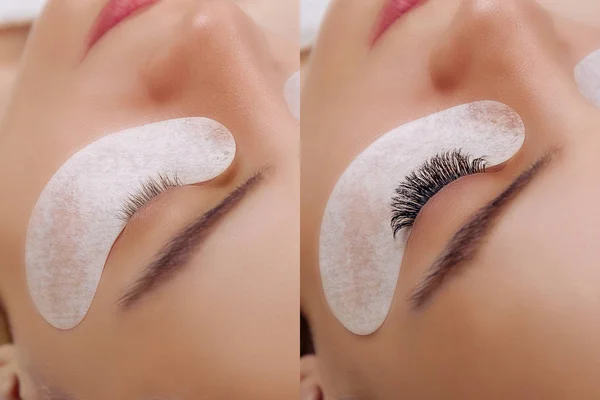 Eyelash Extension. Comparison of female eyes before and after. — Stock Photo, Image