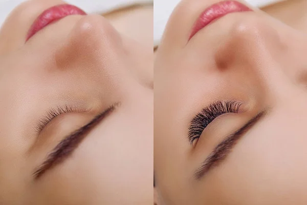 Eyelash extensie. Vergelijking van vrouwelijke ogen voor en na. — Stockfoto