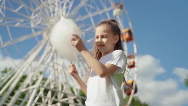 Porträt eines Kindes mit Zuckerwatte. Ein kleines Mädchen auf dem Hintergrund des Riesenrads isst Zuckerwatte Sommer sonnigen Tag. — Stockvideo