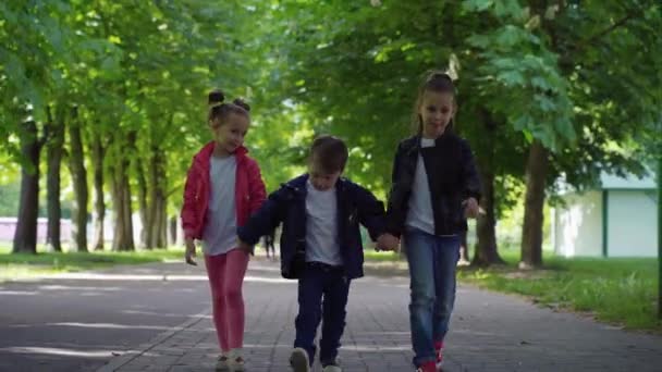 Drei Kinder gehen Hand in Hand im Park. Frontansicht von zwei Mädchen und Jungen, die Spaß haben und den schönen Sommertag im Freien genießen. — Stockvideo