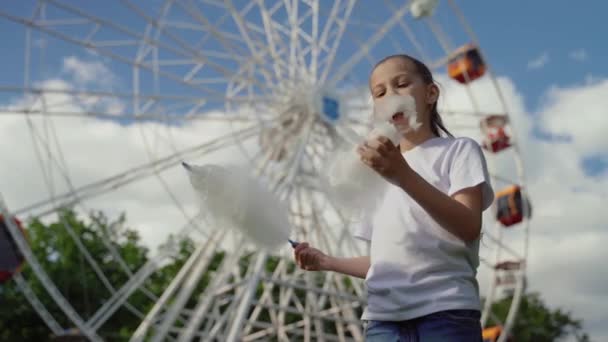 Ritratto di bambino con zucchero filato dolce. Una bambina sullo sfondo della ruota panoramica sta mangiando caramelle-filo interdentale giornata estiva soleggiata . — Video Stock