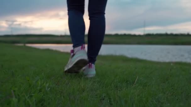 Gros plan de la femme pied en baskets sont Stepping sur l'herbe au coucher du soleil. — Video