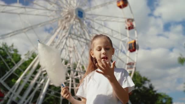 Портрет ребенка со сладкой ватой. Маленькая девочка на фоне колеса обозрения ест сладкую зубную нить летний солнечный день . — стоковое видео