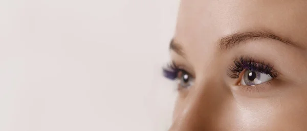 Wimpernverlängerungsverfahren. Nahaufnahme des schönen weiblichen Auges mit langen Wimpern, glatter, gesunder Haut. — Stockfoto
