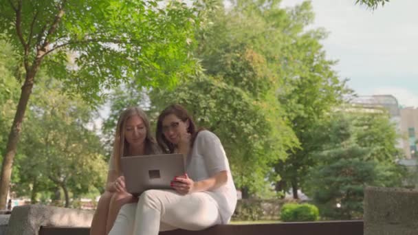 Genç bir kadın, emekli annesine laptopuyla parkta otururken yardım ediyor. Yaş Kapsayıcılığı kavramı — Stok video