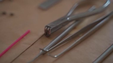 Kadın dişçi, dişçi muayenehanesinde diş tellerini söküyor. Tıp, dişçilik konsepti. Diş aletleri. Kapat..