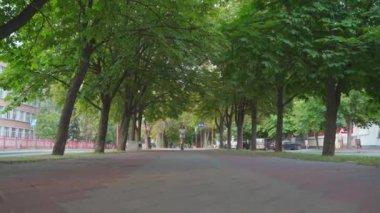 Kız gün batımında şehir parkında elektrikli scooter ya da e-scooter kullanıyor. Şehir parkında elektrikli taşıma kullanan bir kadın. Ön görünüm.