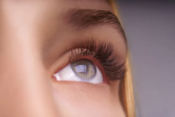 Eyelash Extension Procedure. Woman Eye with Long Eyelashes. Close up, selective focus.