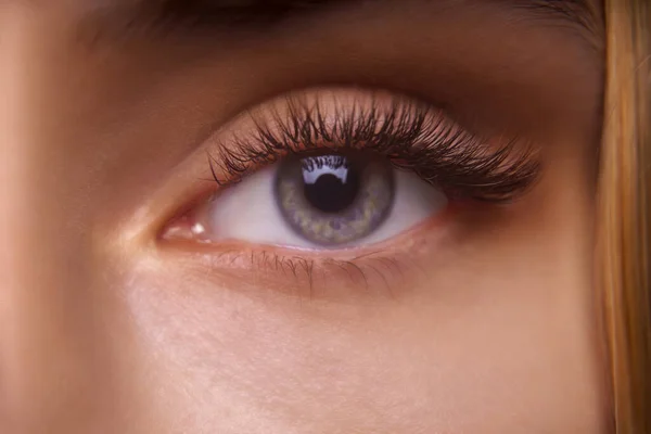 Procedimiento de extensión de pestañas. Ojo de mujer con pestañas largas. Primer plano, enfoque selectivo. — Foto de Stock