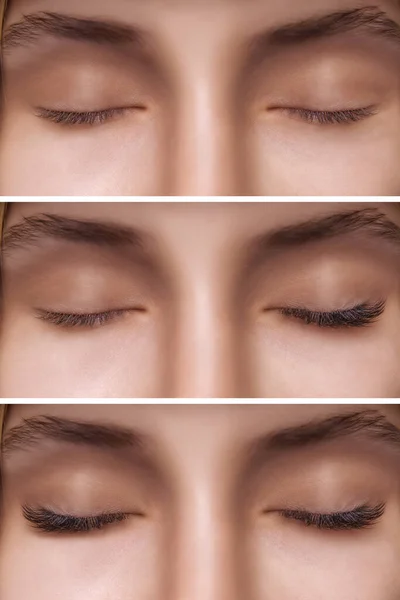Ögonfransförlängning. Jämförelse av kvinnliga ögon före och efter. — Stockfoto
