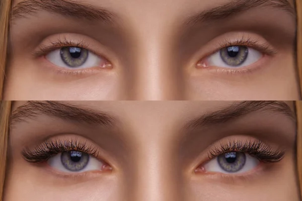 Eyelash Extension. Comparison of female eyes before and after. — Stock Photo, Image