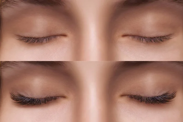 Szempilla hosszabbítás. A női szemek összehasonlítása a kezelés előtt és után. — Stock Fotó