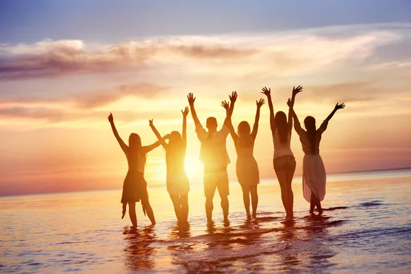 Amigos felices miran el atardecer sobre el agua — Foto de Stock