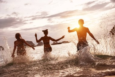 Mutlu arkadaş günbatımı deniz plaj çalıştırmak