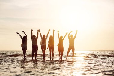 Eğlenen ve gün batımını selamlayan arkadaş grubu