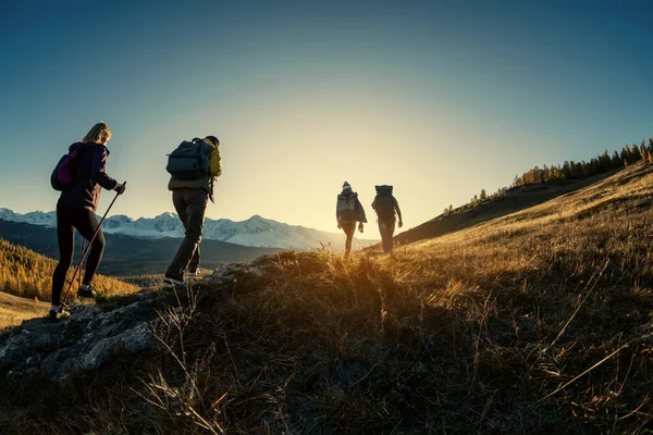 Groep wandelaars wandelingen in de bergen bij zonsondergang — Stockfoto