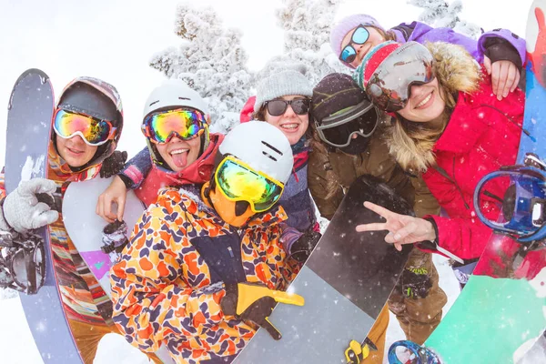 Stor grupp vänner på skidorten — Stockfoto