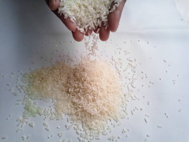 Pirinci alan el, beyaz arka planda izole edilmiş pirinç tanelerini tutan el.