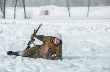 Russian Federation, Pskov district, Velikie Luki - 23 February 2018: military historical reenactment Feat of Alexander Matrosov