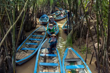 Vietnam, Mekong - 12 Kasım 2017: Mekong nehri yakınlarında Vietnam geleneksel tekneleri
