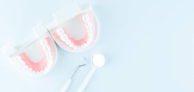 Diş sağlık kavramı içinde beyaz arka plan üzerinde diş ekipman ile diş modeli.