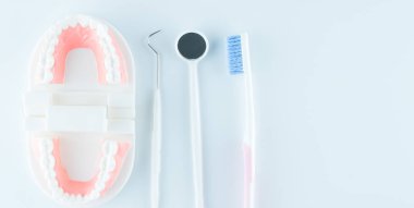 Diş sağlık kavramı içinde beyaz arka plan üzerinde diş ekipman ile diş modeli.