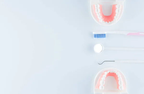 Modelo Dental Con Equipo Dental Sobre Fondo Blanco Concepto Atención — Foto de Stock