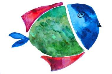 Renkli bir suluboya çizgi film balığı.