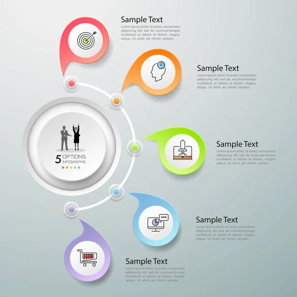 Infographic şablon 5 seçenekleri tasarla. İş konsepti iş akışı düzeni, diyagram, sayı seçenekleri, zaman çizelgesi, adımlar, demo bilgisi için kullanılabilir