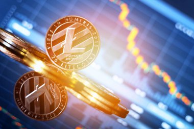 Litecoin altın madeni para ve Döviz grafiği içinde belgili tanımlık geçmiş Pazar kazasında gösterilen