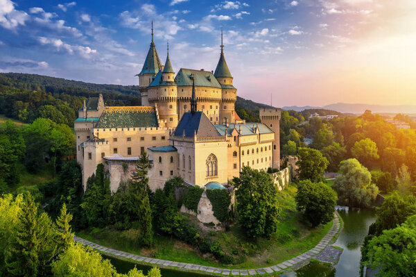Aerial view of Bojnice medieval castle, UNESCO heritage in Slova