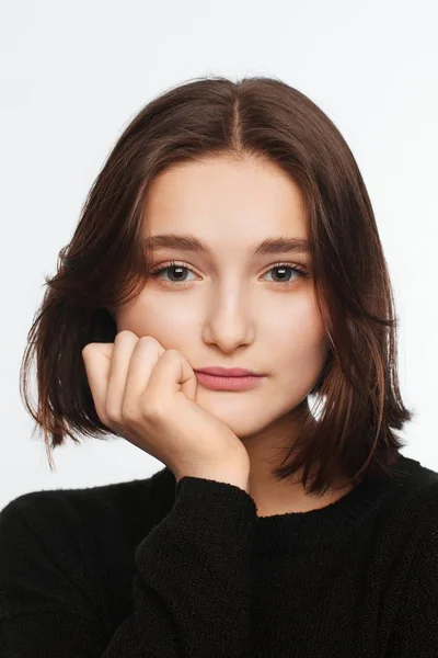 Portrait Beautiful Teen Girl Black Sweater White Background Fan Blown — Stock Photo, Image