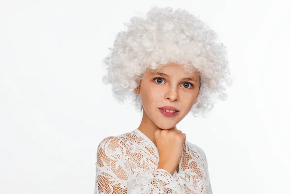 Portrait Cheerful Energetic Eight Year Old Girl White Wig White — Stock Photo, Image