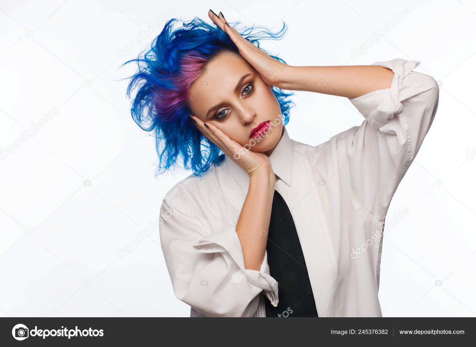 Studio Portrait Woman Blue Pink Hair Dressed White Shirt Black