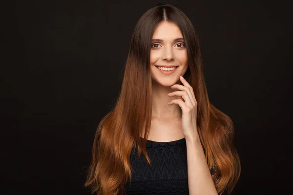 Portrait of a beautiful woman with straight long hair and interesting emotion. Studio photo session — Stock Photo, Image