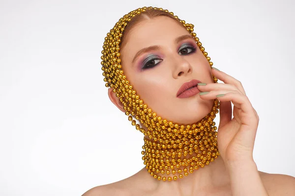 Creative portrait of an interesting woman in an unusual style using chaplet. Studio photo session — Stock Photo, Image