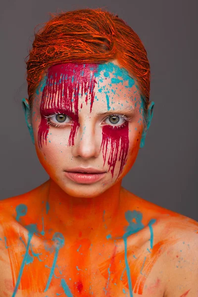 Portrait of a model in an expressive creative style using an unusual make-up — Stock Photo, Image