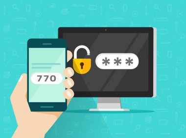 Adım iki kimlik doğrulamasını smartphone vektör çizim, düz çizgi film cep telefonu ve bilgisayar güvenliği oturum açma veya oturum aç, cep telefonu ve pc clipart aracılığıyla iki adım doğrulama