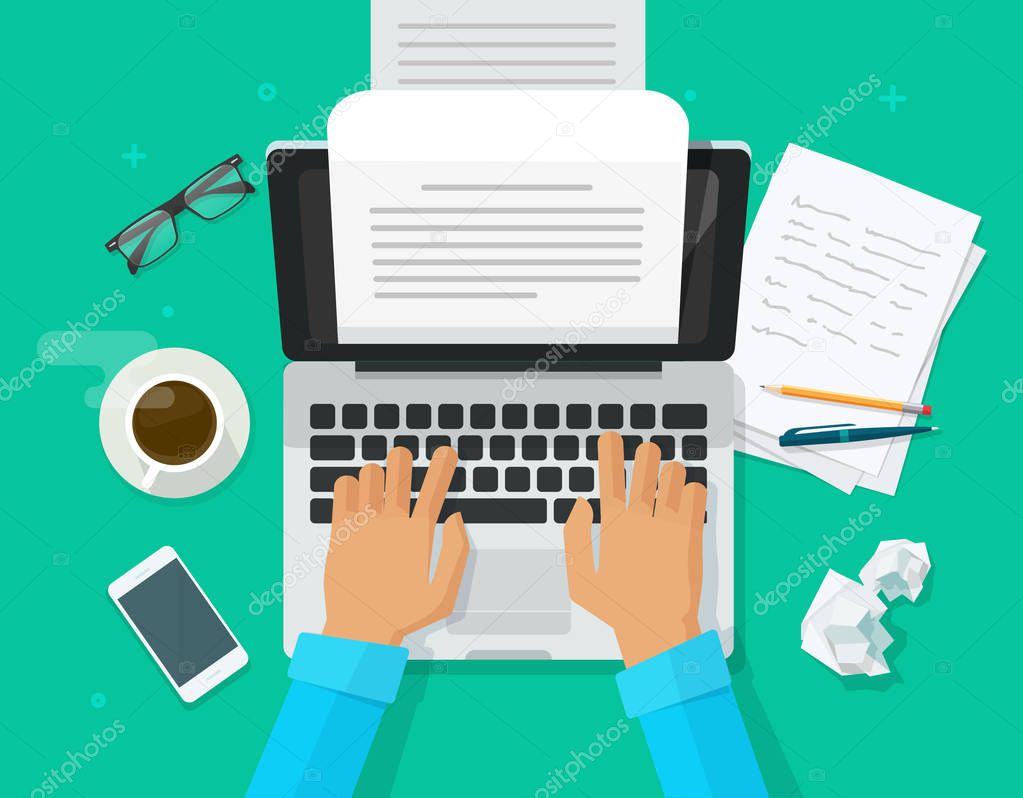 Writer writing on computer paper sheet vector illustration, flat cartoon person editor write electronic book text top view, laptop with writing letter or journal, journalist author working clipart