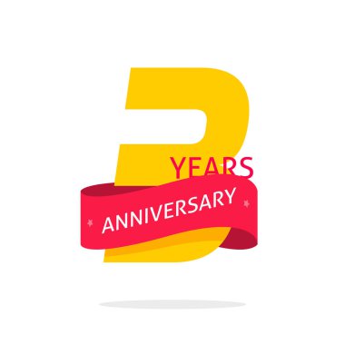 3 yıl yıldönümü logo şablonu, üzerinde beyaz izole sayısı 3 yıldönümü simge etiketini kırmızı kurdele ile üç yıl Doğum günü mühür sembolü clipart