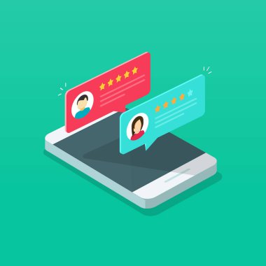Hareket eden telefon vektör çizim derecelendirmesine gözden geçirin, izometrik smartphone online değerlendirme oranı yıldız, kavramı referansları iletileri, bildirimleri, müşteri geribildirim deneyimi cep telefonu üzerinde çizgi film