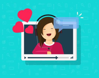 Video çağrı mutlu güzel kız vektör çizim, düz çizgi film tatlım kişi online sohbet seviyorum kalpler, on-line flört, Internet uzaktan veya mesafe ilişkisi sohbet konuşma simgesini clipart