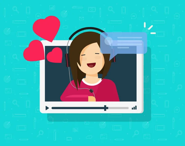 Vídeo chamada de feliz linda menina vetor ilustração, cartoon plana pessoa querida conversando on-line com corações de amor, on-line namoro, internet remoto ou distância relacionamento bate-papo ícone clipart —  Vetores de Stock