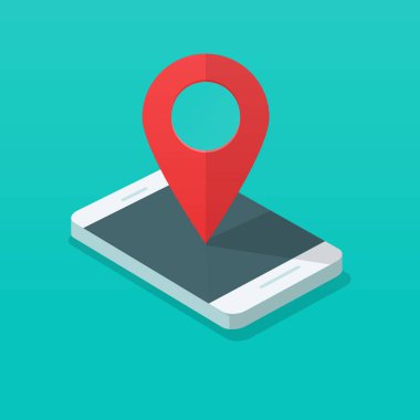 Smartphone harita iğne işaretçisi vektör çizim, düz çizgi film izometrik cep telefonu ve hedef marker, cep telefonu, gps konum noktada kavramı ile seyahat teknoloji, Internet konumu