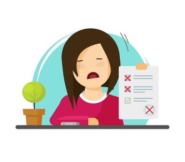 Sınav kağıt formu başarısız değerlendirme vektör çizim, mutsuz karakter öğrenci ve yanlış cevaplar anket, kötü mark test sonuçları, başarısız çalışma raporu, düz çizgi film eğitim listesi